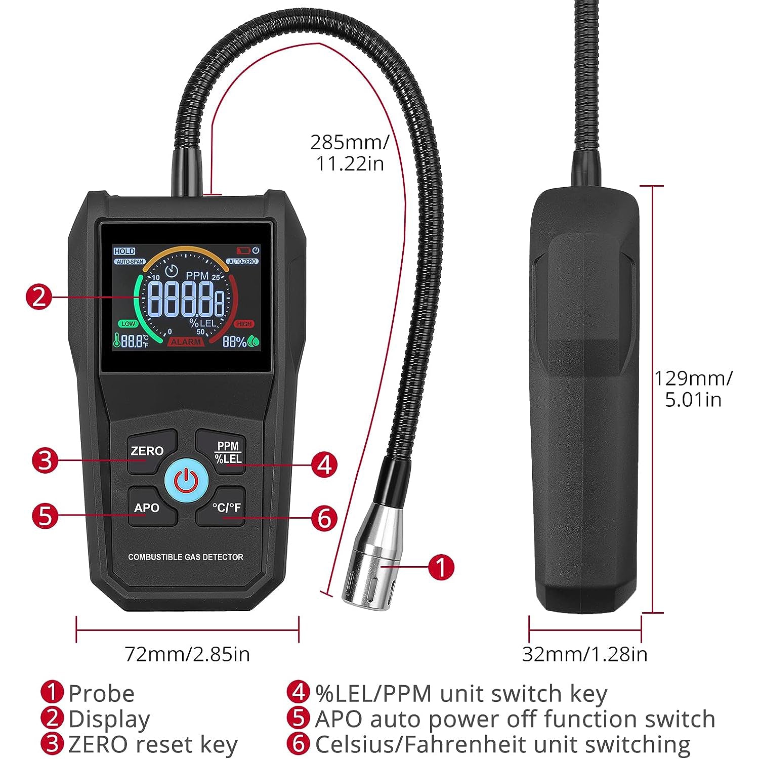 XUNTOP Gas Leak Detector 0-50000PPM 100%LEL Combustible Gas Leak Tester